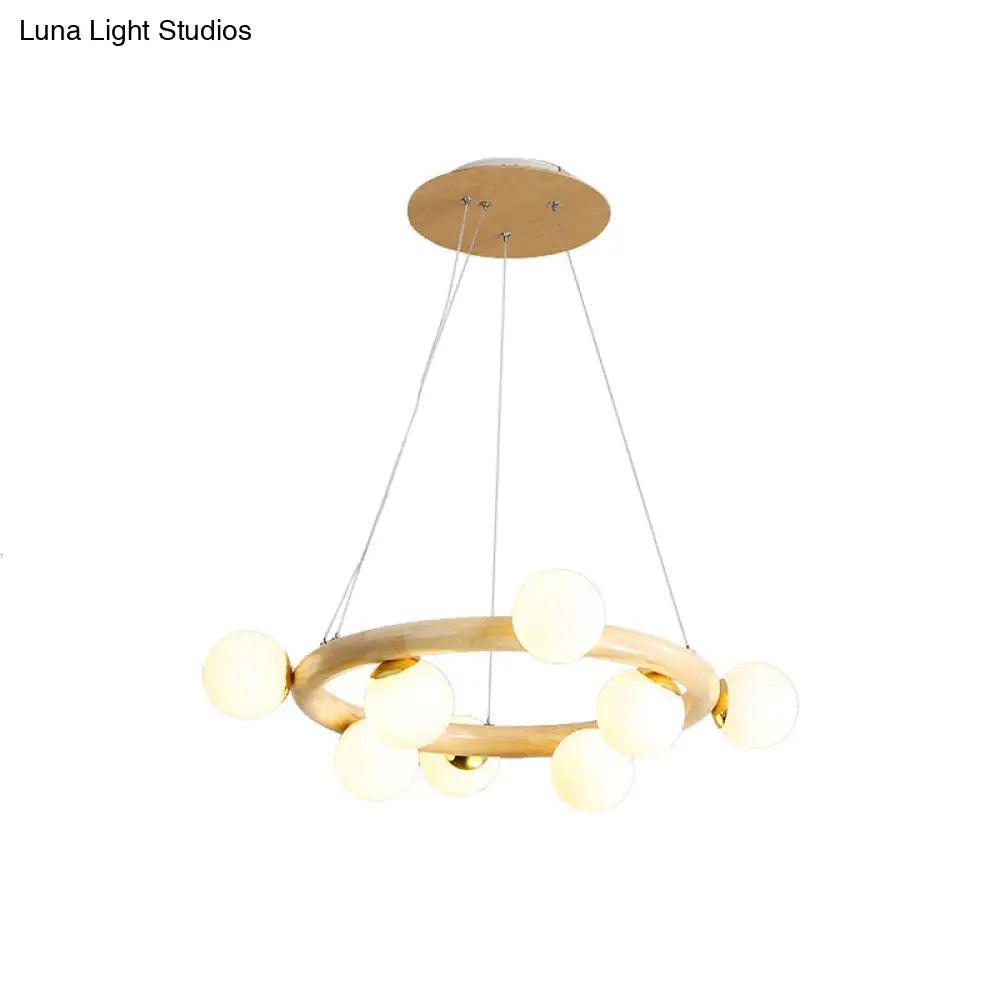 Modern Beige Ceiling Lamp With Frosted Glass Chandelier And Wood Circular Design – 8/10 Bulbs