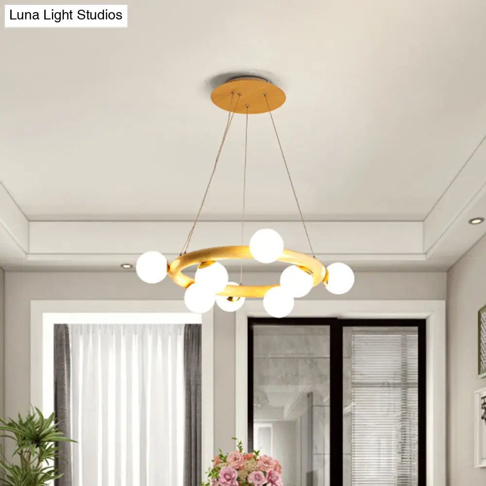 Modern Beige Ceiling Lamp With Frosted Glass Chandelier And Wood Circular Design – 8/10 Bulbs