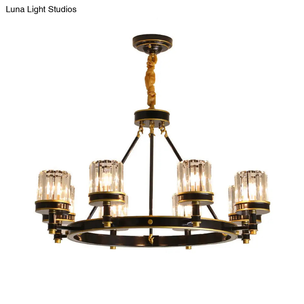 Modern Black Crystal Pendant Lighting Chandelier with Clear Cylinder Shade - 6/8 Heads for Great Rooms