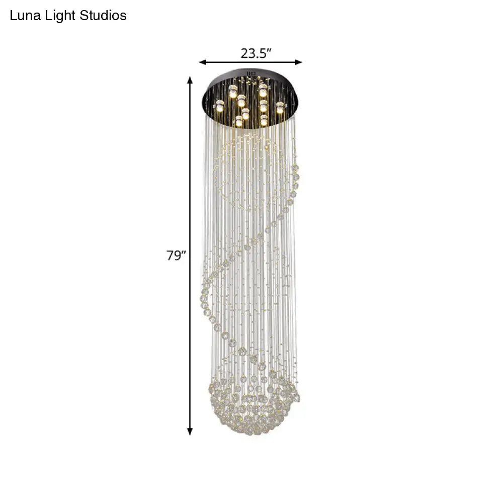 Modern Black Crystal Pendant With Clear Orbs And Rods - 9-Bulb Led Ceiling Fixture For Staircase