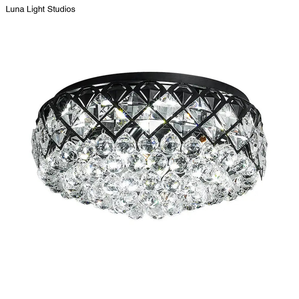 Modern Black Drum Flush Mount Lighting With 7 Crystal Balls - Bedroom Flushmount Lamp