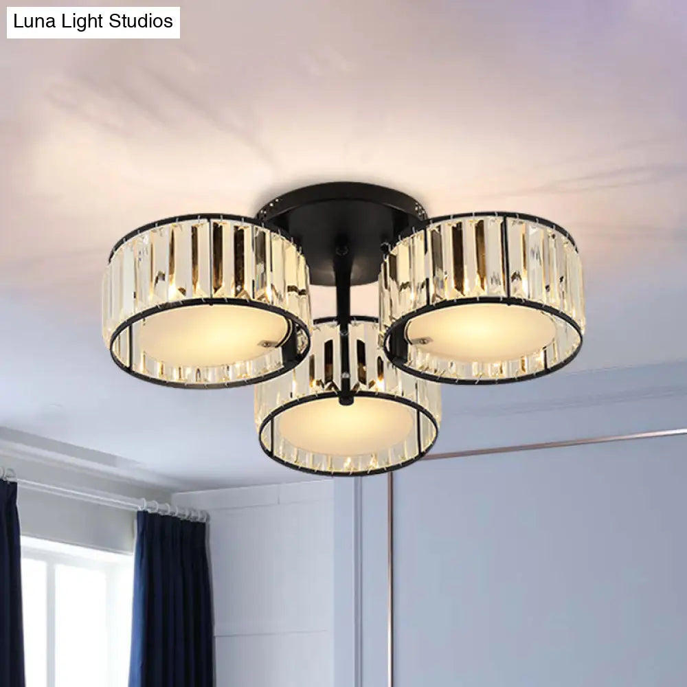 Modern Black Flush Mount Ceiling Light Fixture With Drum Crystal Shade - 3/5/6 Lights For Living