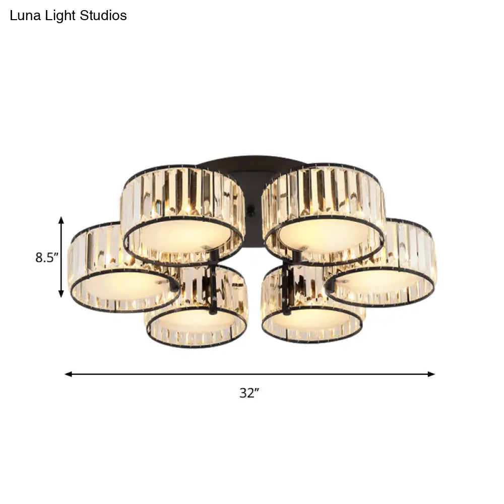 Modern Black Flush Mount Ceiling Light Fixture With Drum Crystal Shade - 3/5/6 Lights For Living