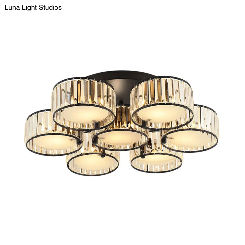 Modern Black Flush Mount Ceiling Light Fixture With Drum Crystal Shade - 3/5/6 Lights For Living