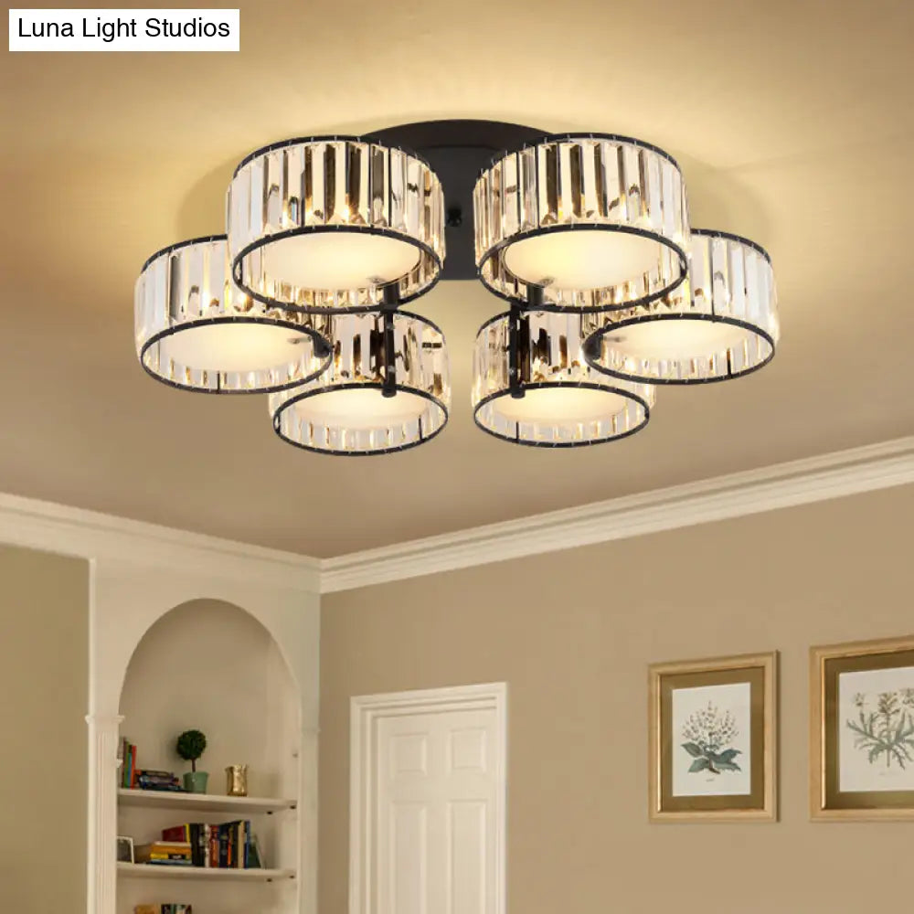 Modern Black Flush Mount Ceiling Light Fixture With Drum Crystal Shade - 3/5/6 Lights For Living