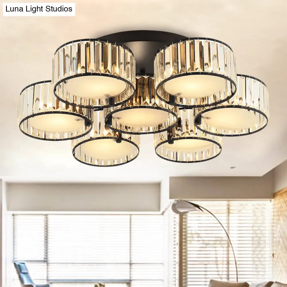 Modern Black Flush Mount Ceiling Light Fixture With Drum Crystal Shade - 3/5/6 Lights For Living