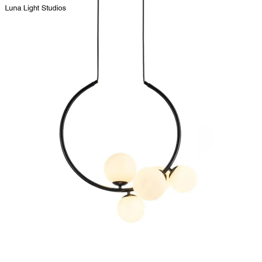 Modern Black/White Circle Chandelier Lamp With Glass Shades - 5-Head Iron Pendant Lighting
