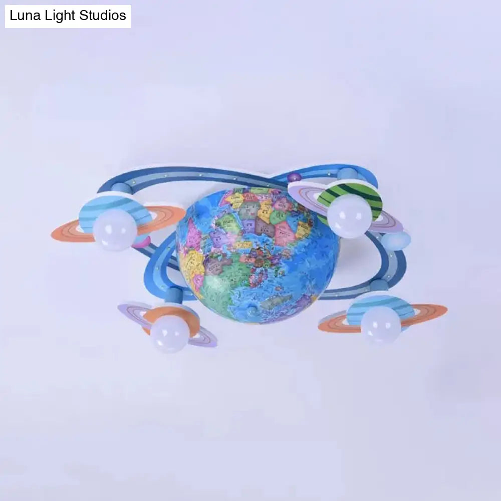 Modern Blue Wood Globe Ceiling Mount Light With Four Heads - Perfect For Baby Bedroom