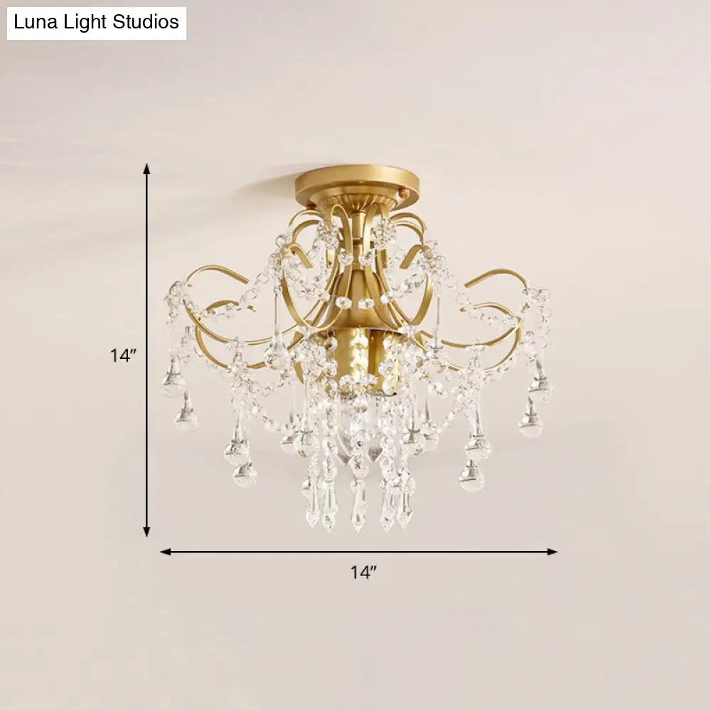 Modern Brass Semi Flush Mount Ceiling Light With Crystal Accent - Curve Arm Design 1/3 Lights