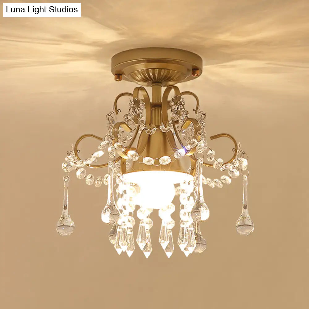 Modern Brass Semi Flush Mount Ceiling Light With Crystal Accent - Curve Arm Design 1/3 Lights