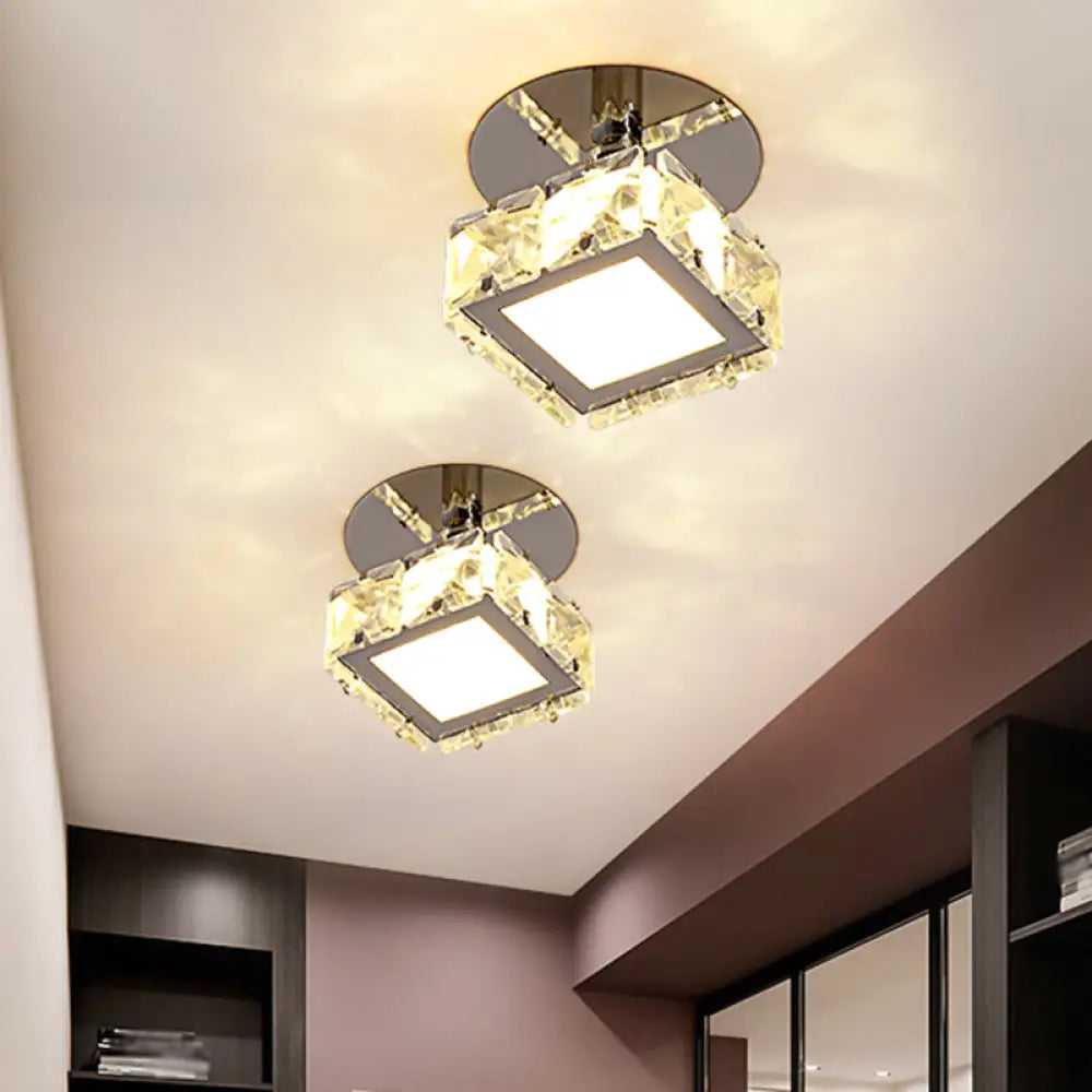 Modern Chrome Led Crystal Block Semi Mount Ceiling Light Fixture - Warm/White Lighting / Warm