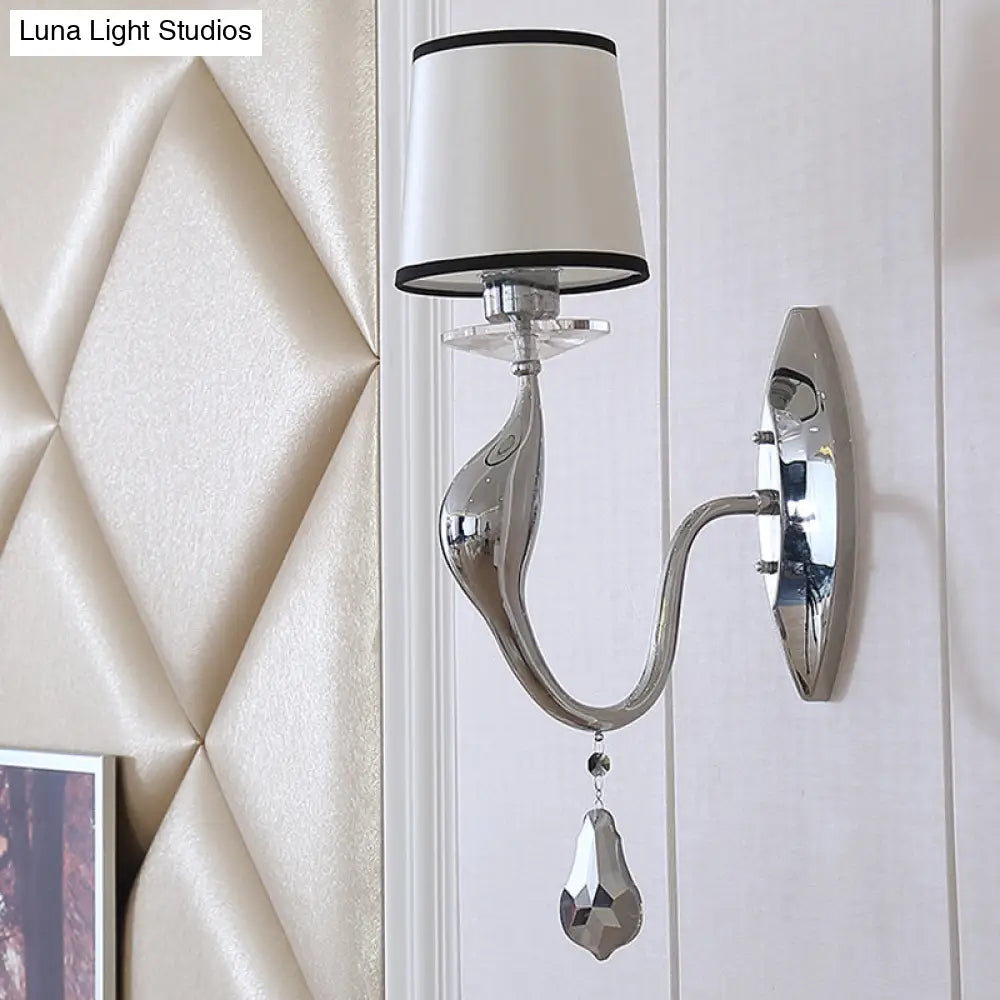 Modern Chrome Wall Lamp With Tapered Fabric Shade - Stylish Living Room Sconce Light
