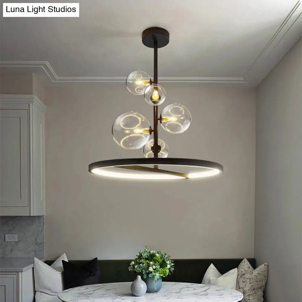 Modern Clear Glass Bubble Chandelier 5 Light Black Pendant Light with Loop Bottom