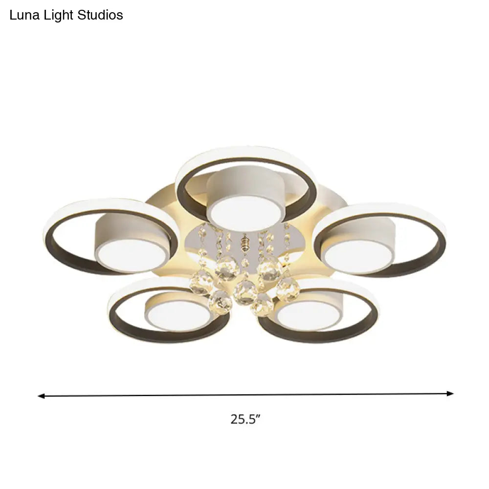 Modern Crystal Ball Circle Ceiling Lamp - 3/5 Lights Flush Mount For Bedroom In Black & White