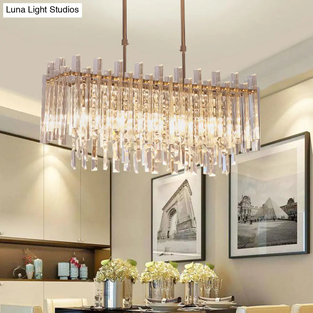 Modern Crystal Block 5-Light Chrome Chandelier - Rectangular Hanging Light Fixture For Dining Room