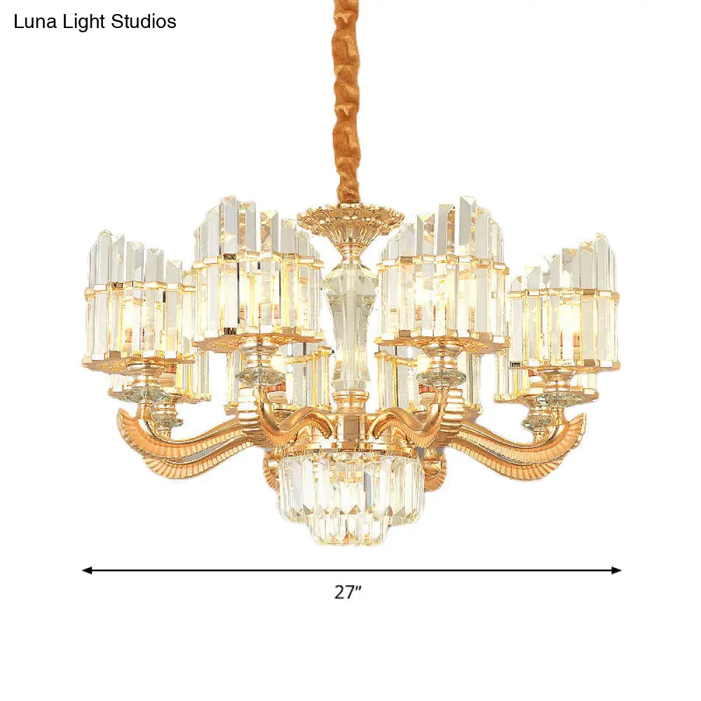 Modern Crystal Chandelier Light With Curved Metal Arm - Gold 6/8 Bulbs 23.5/27 Wide Suspended