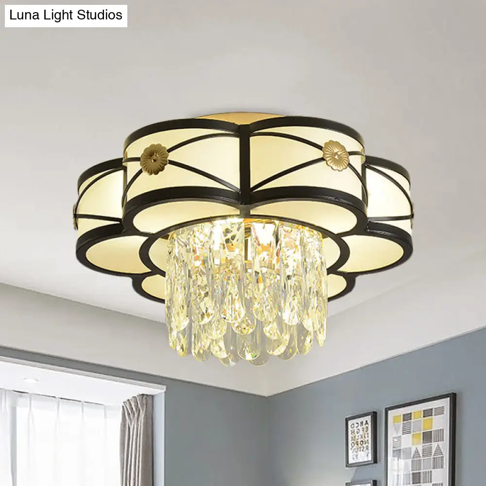Modern Flower - Shaped Black Iron Flushmount Ceiling Lamp With Crystal Rod Drop - 4 - Head Light