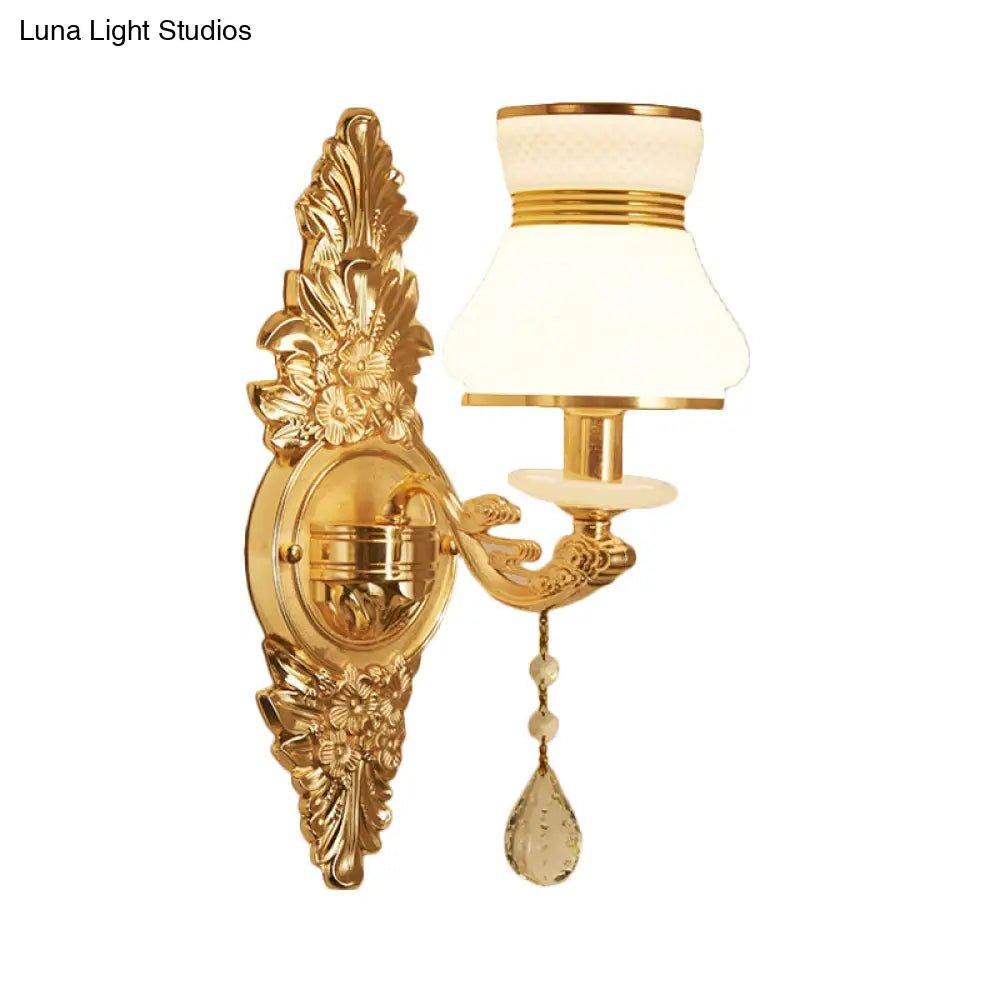 Modern Frosted Glass Bell Shade Wall Sconce With Gold Carved Backplate