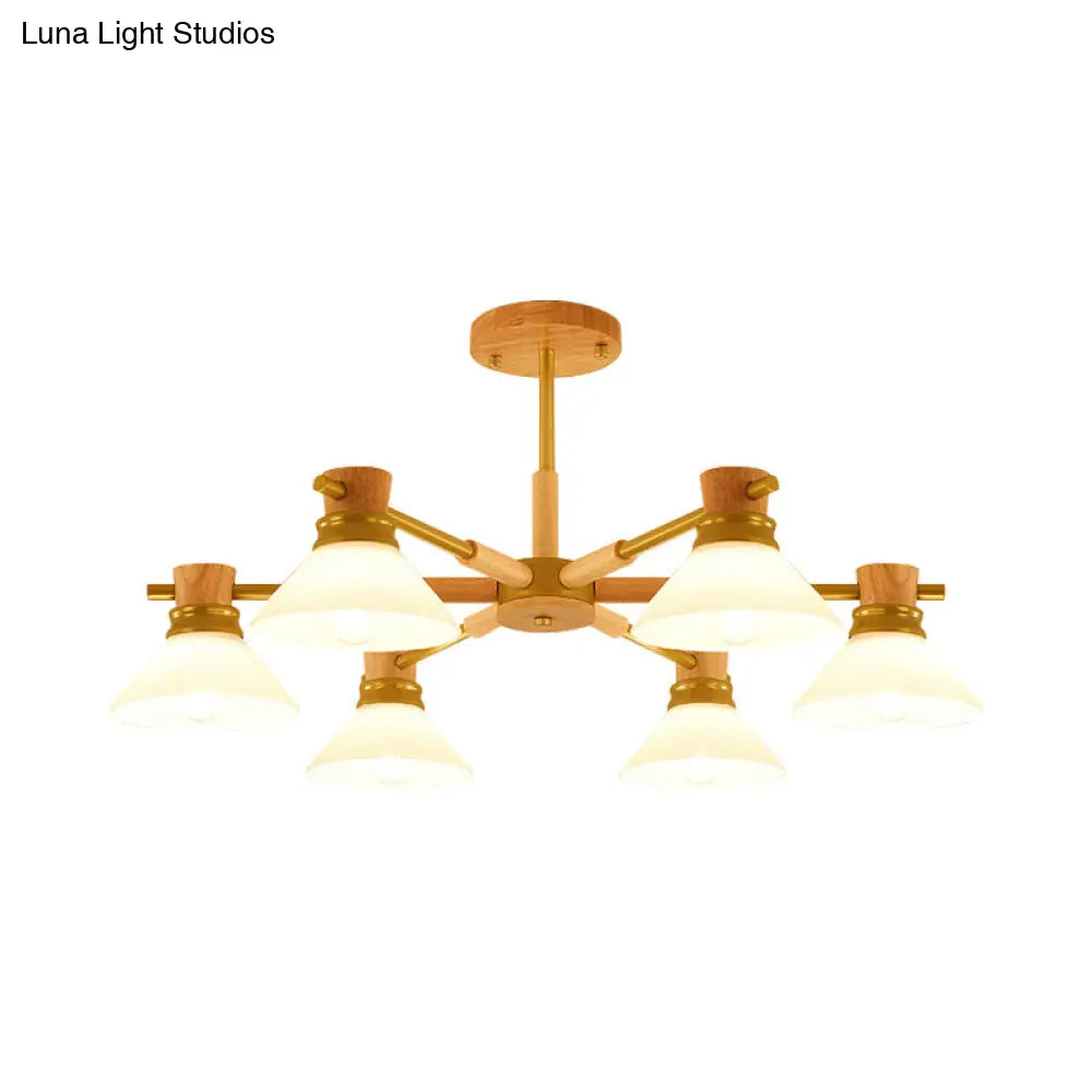 Modern Glass And Wood Hanging Pendant Chandelier - Black/Gold Branch Cone Shade For Sitting Room