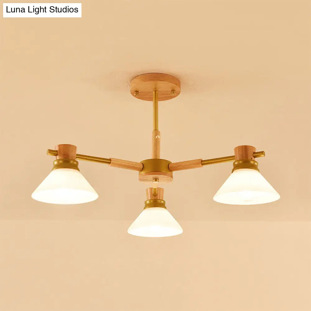 Modern Glass And Wood Hanging Pendant Chandelier - Black/Gold Branch Cone Shade For Sitting Room