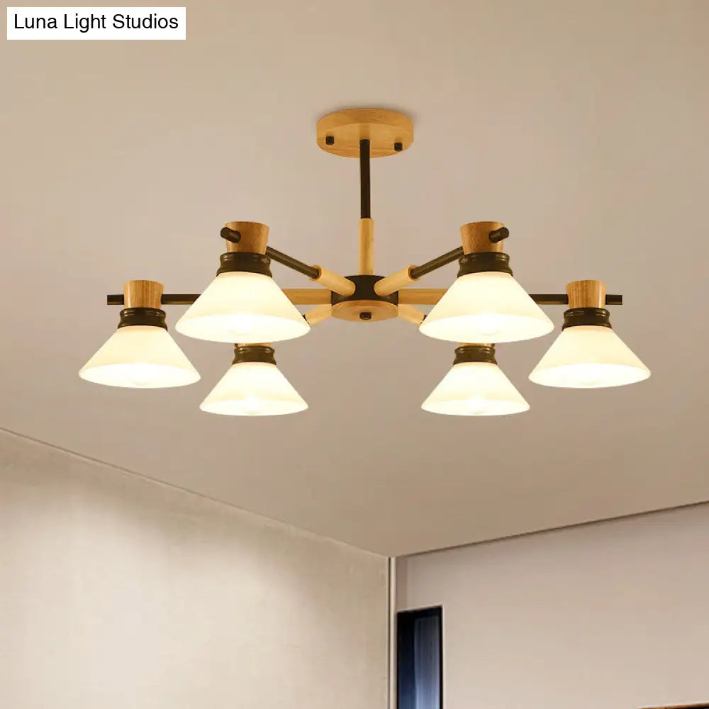 Modern Glass And Wood Hanging Pendant Chandelier - Black/Gold Branch Cone Shade For Sitting Room