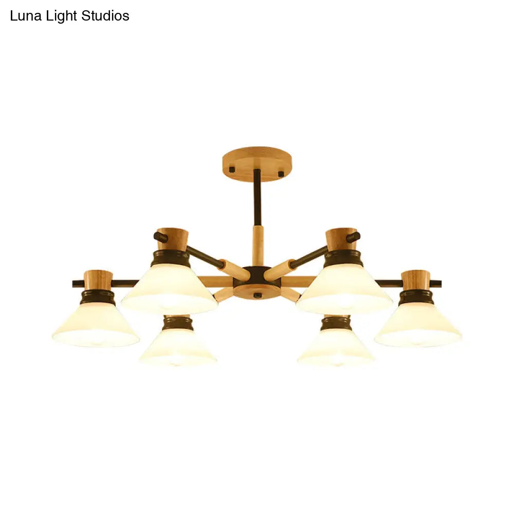 Modern Glass And Wood Hanging Pendant Chandelier - Black/Gold Branch Cone Shade For Sitting Room