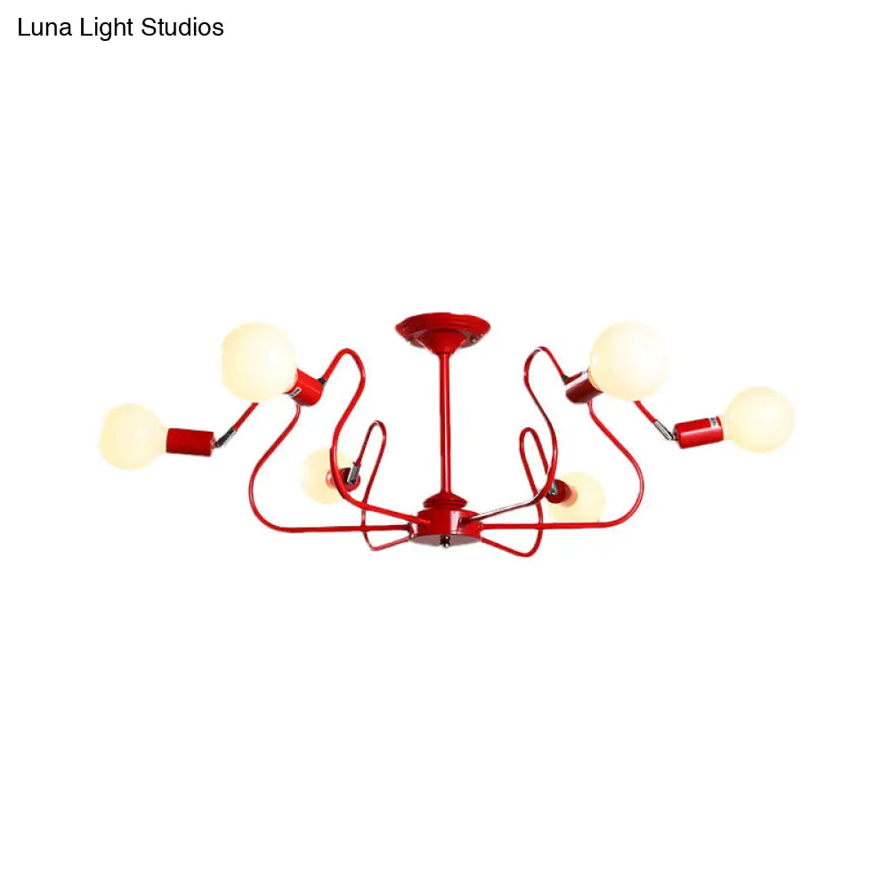 Modern Iron Spider Flush Mount Lamp - 6 Bulbs White/Red Semi Ceiling Light For Living Room