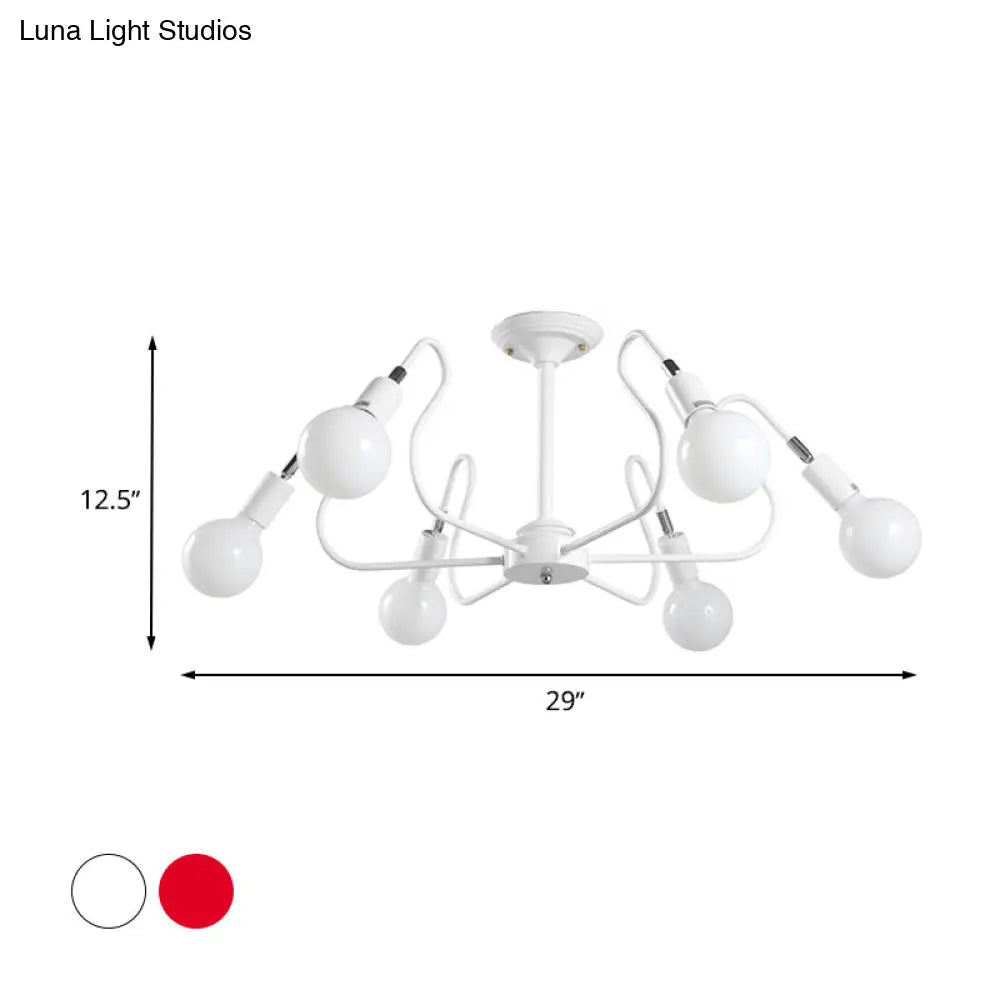 Modern Iron Spider Flush Mount Lamp - 6 Bulbs White/Red Semi Ceiling Light For Living Room
