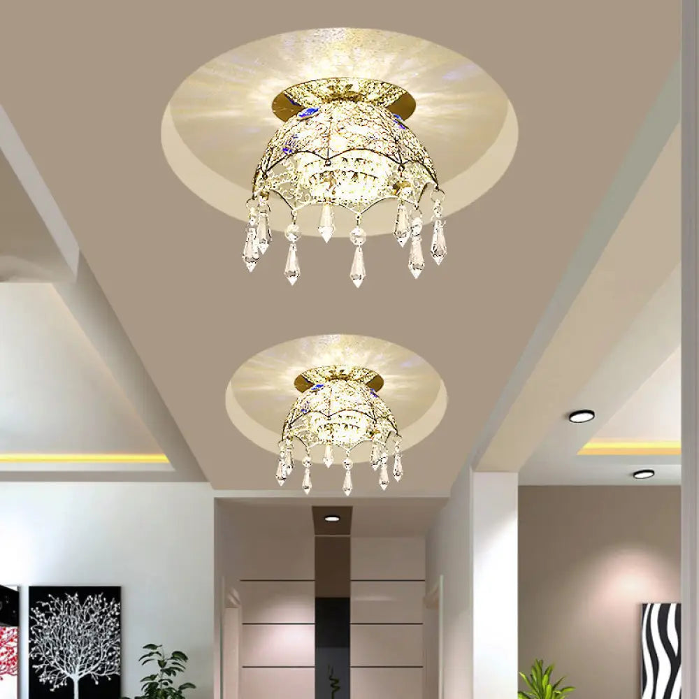 Modern Led Ceiling Lamp With Crystal Shade – Chrome Scalloped Dome Flush Mount Light In