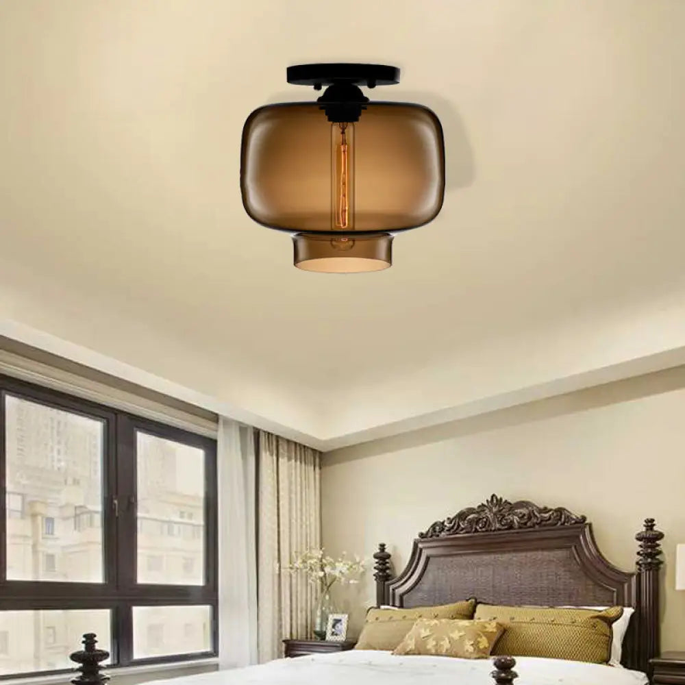 Modern Multi - Colored Lantern Flushmount Light With Glass Shade - Black Finish Coffee