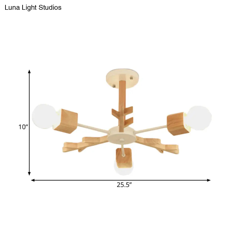 Modern Nordic Starburst Ceiling Mount Chandelier - Semi Flush & Light Wood Finish Exposed Bulb