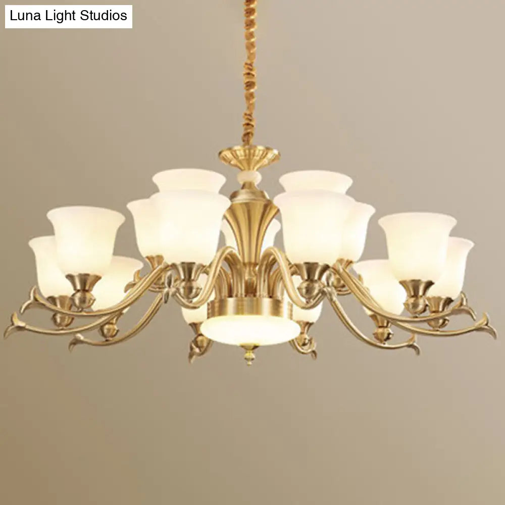 Modern Opaline Glass Chandelier For Living Room - Gold Bell Hanging Light Fixture