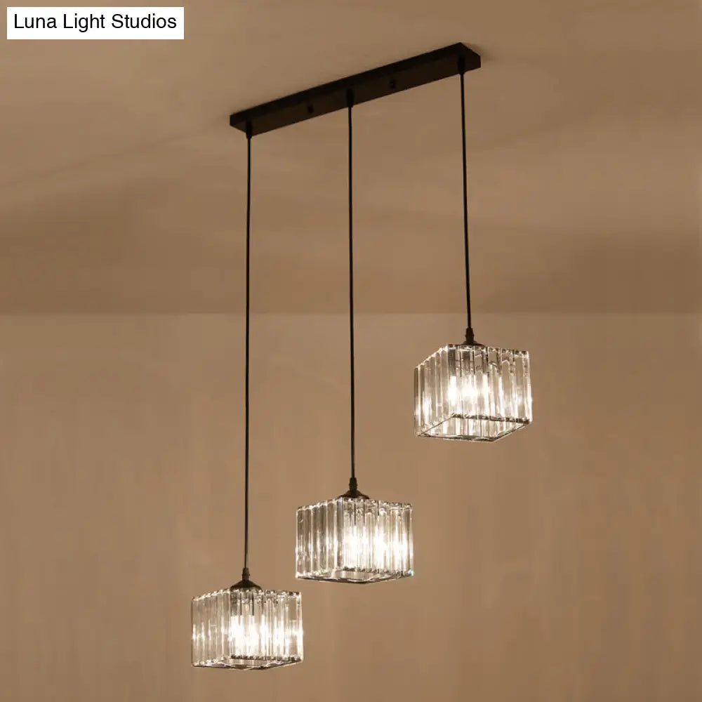 Modern Square Crystal Pendant Light With 3-Bulb Simplicity For Dining Room Ceiling - Black