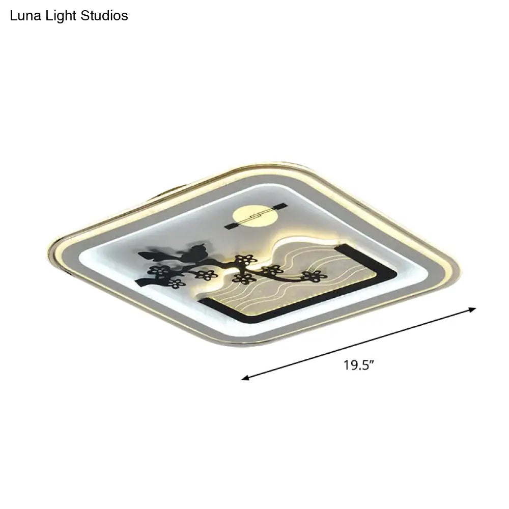 Modern Square Flushmount Led Lamp With Tree Pattern In White - Bedroom Fixture