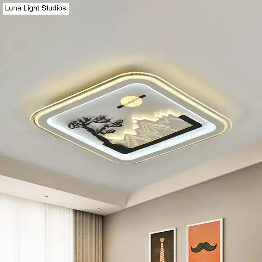 Modern Square Flushmount Led Lamp With Tree Pattern In White - Bedroom Fixture