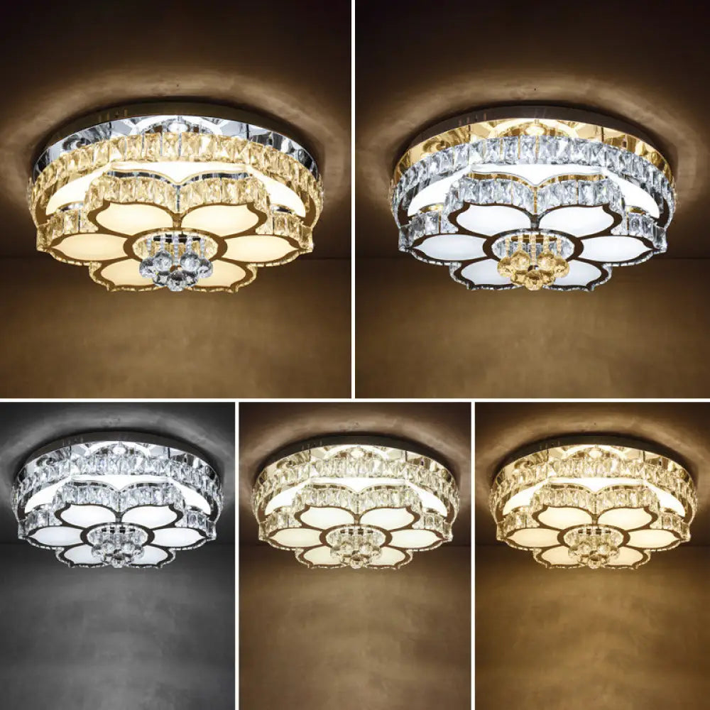 Modern White Led Crystal Flower Ceiling Light For Living Room With Flush Mount Design / 23.5’