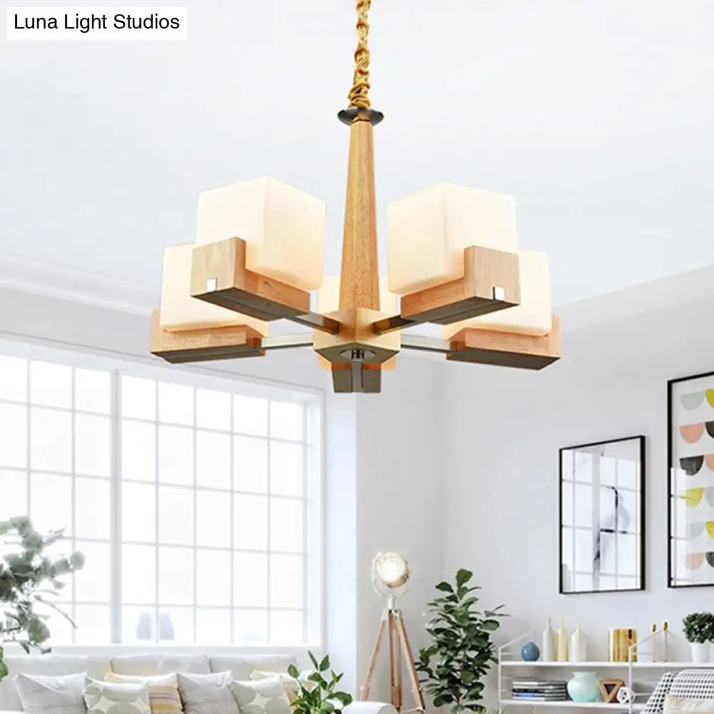 Modern Wood Cube Chandelier With Multiple Bulbs For Bedroom
