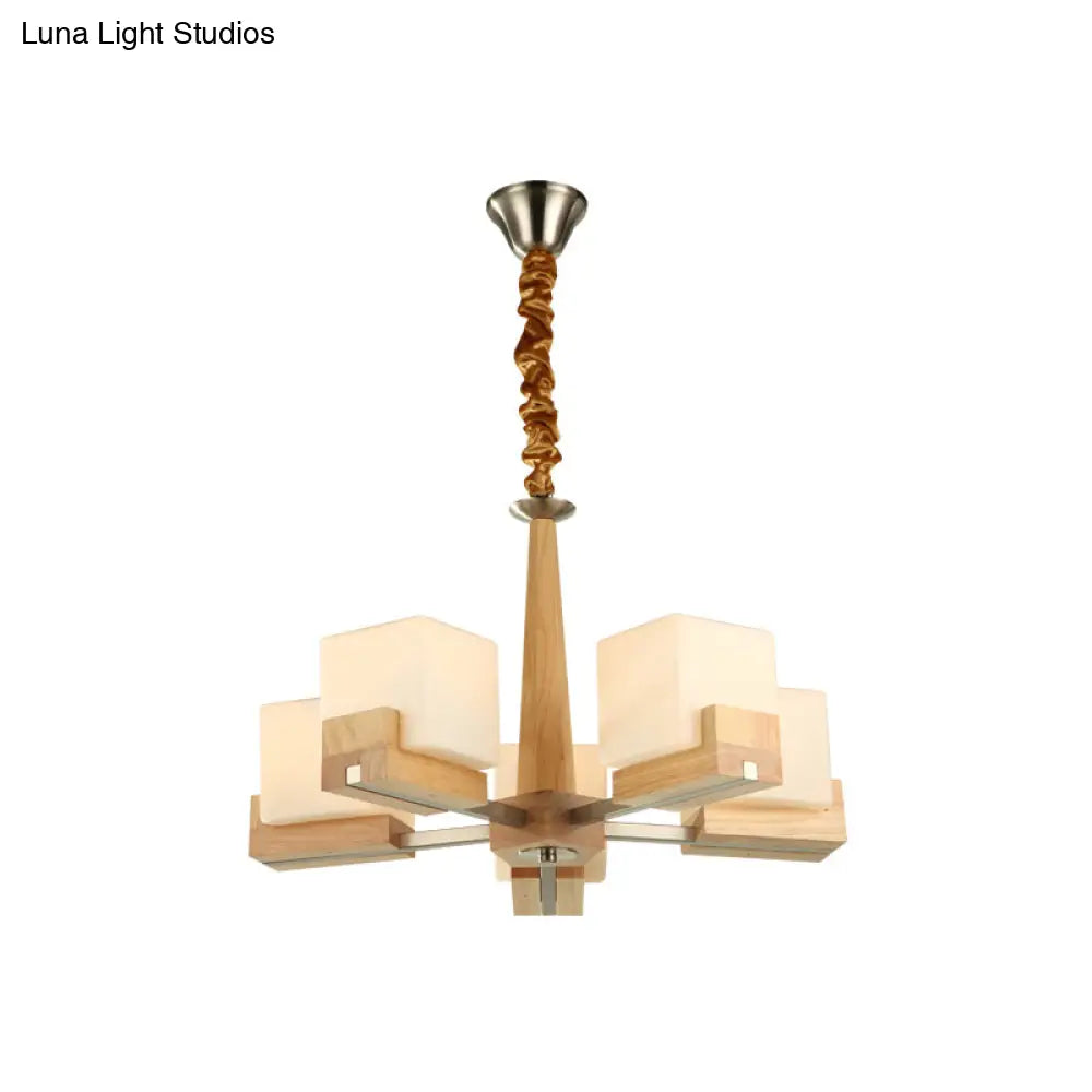 Modern Wood Cube Chandelier With Multiple Bulbs For Bedroom