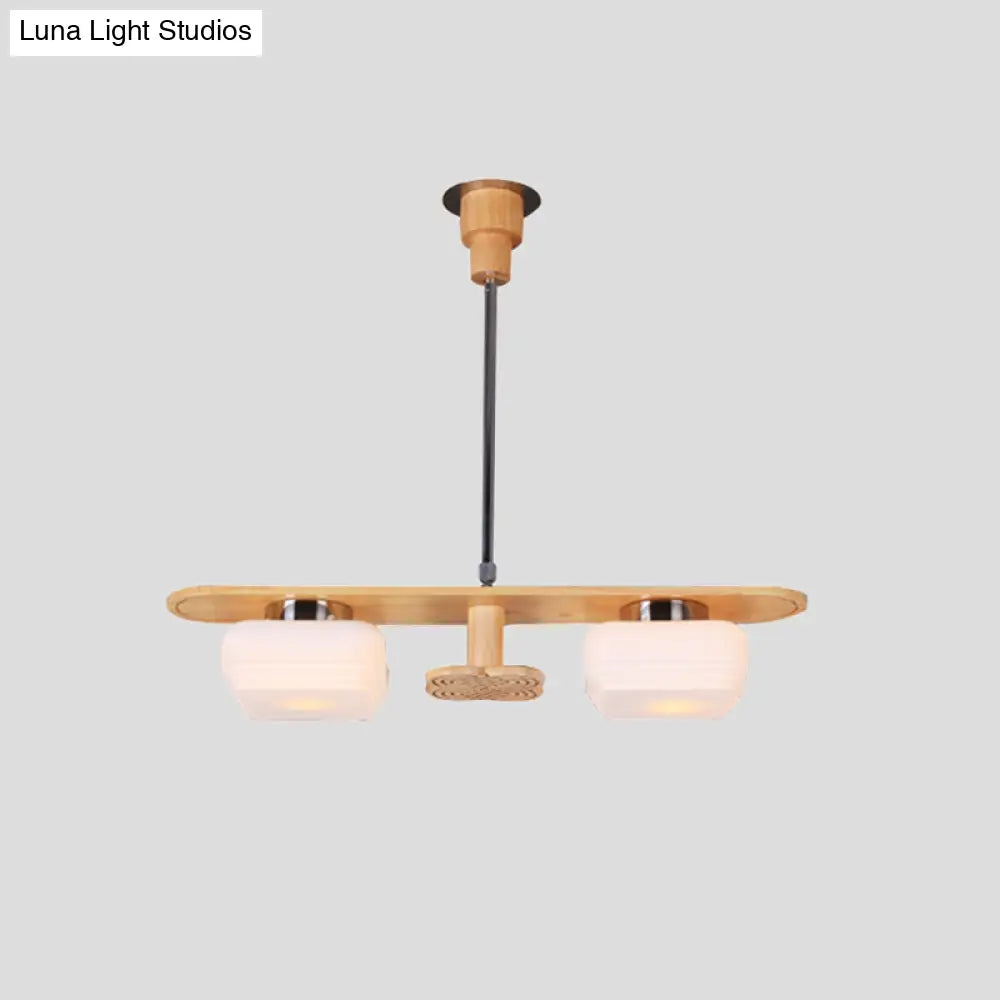 Modern Wood Pendant Chandelier With 2 Square Cream Glass Shades For Dining Room Ceiling