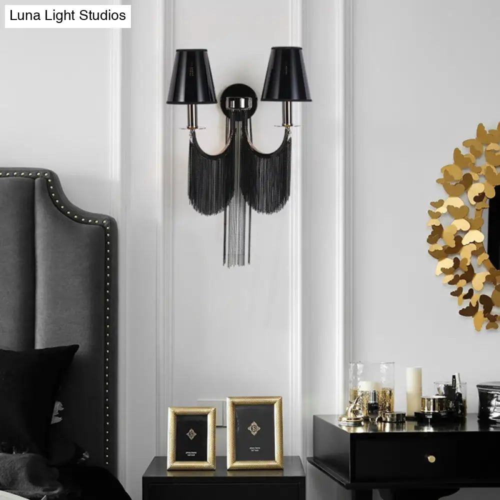 Modernist 2-Light Plastic Cone Shade Wall Sconce With Aluminum Tassel In Black/Silver