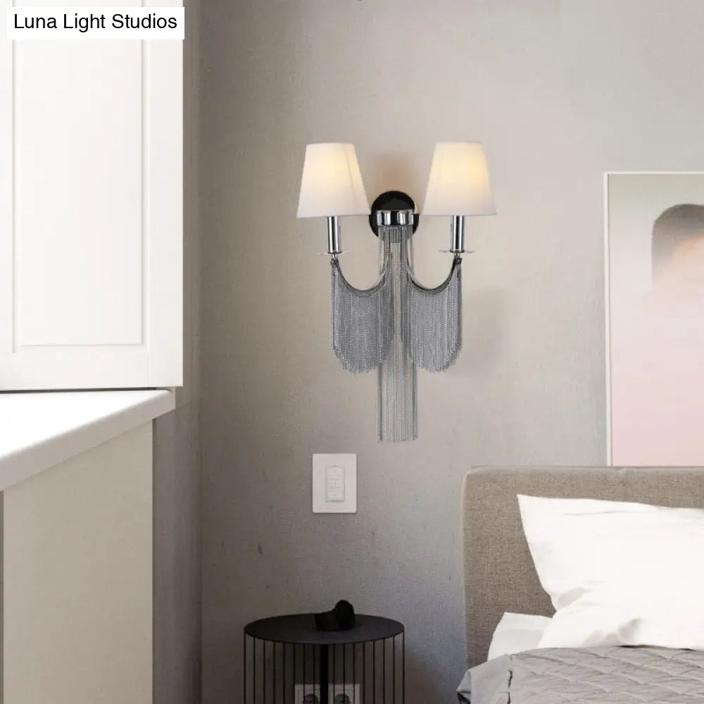 Modernist 2-Light Plastic Cone Shade Wall Sconce With Aluminum Tassel In Black/Silver