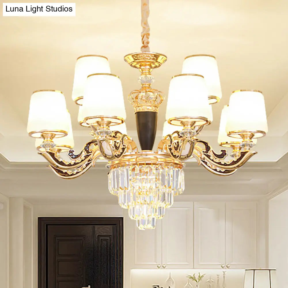 Modernist Opal Glass Gold Cone Chandelier With Crystal Accents - Stylish Pendulum Light