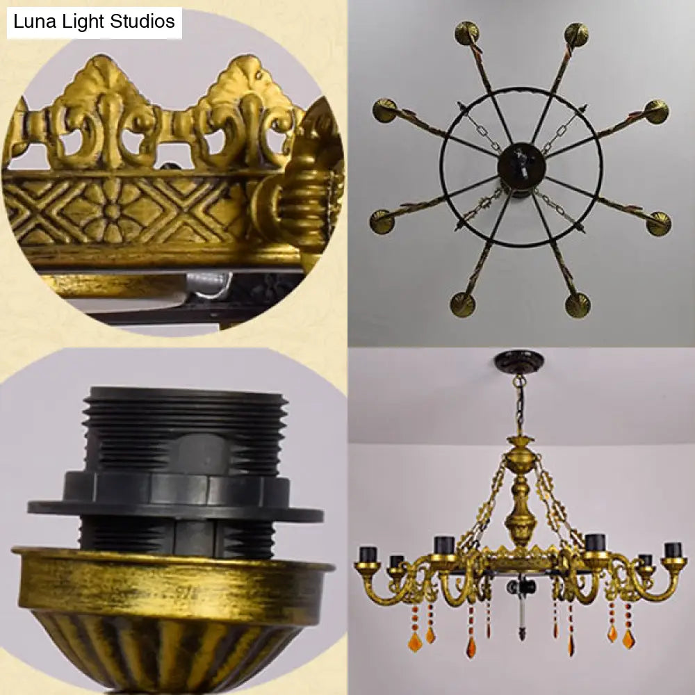 Multicolor Stained Glass Bowl-Shaped Hanging Light: Rustic 9-Light Chandelier With Crystal - Ideal