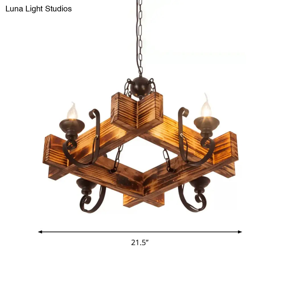 Nautical Wooden Hanging Light Fixture-Chandelier In Brown Triangular/Square Design 3/4/6-Head