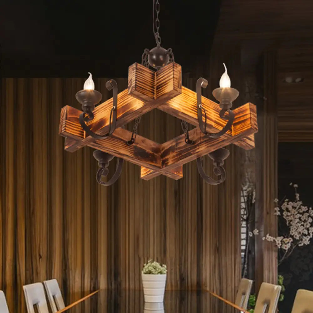 Nautical Wooden Hanging Light Fixture-Chandelier In Brown Triangular/Square Design 3/4/6-Head