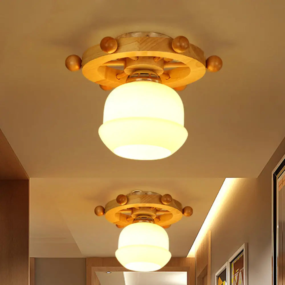 Nordic 1-Light White Glass Flushmount Ceiling Light With Wheel Backplate - Ideal For Bathrooms