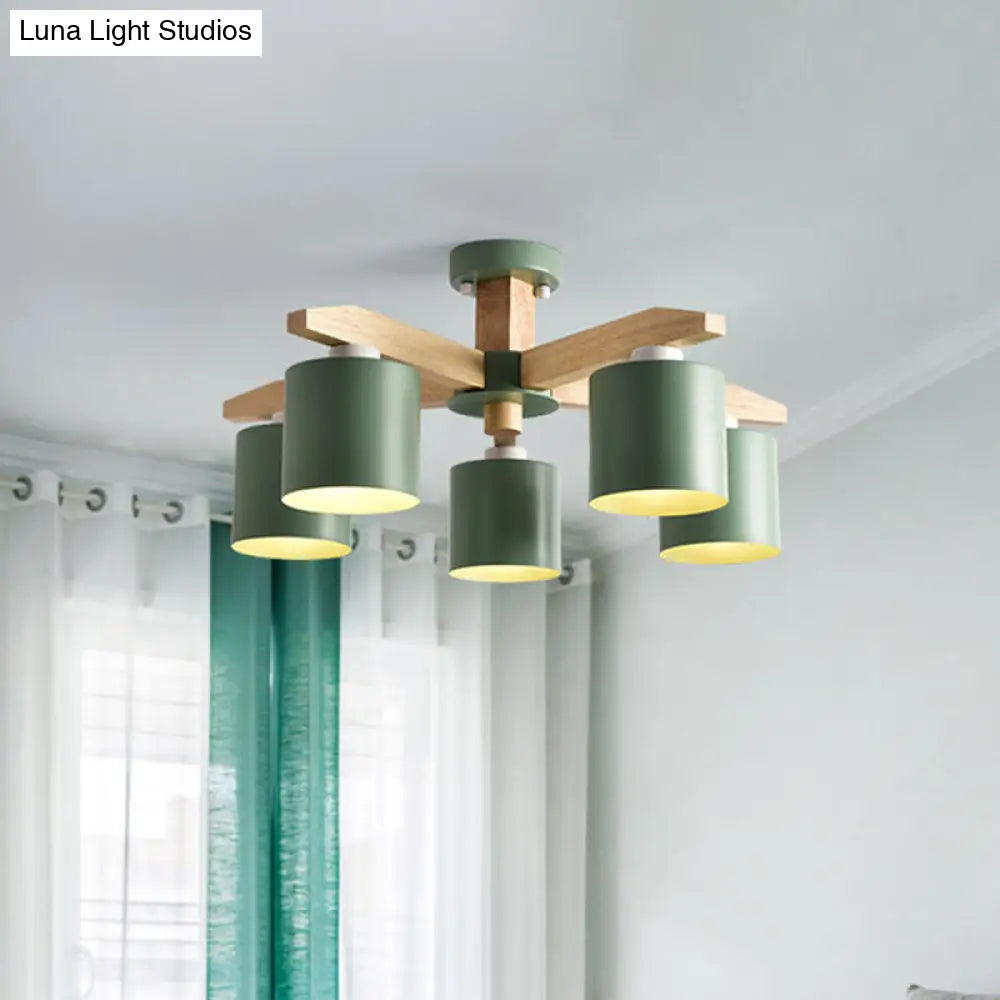 Nordic 6-Head Metal Ceiling Chandelier With Wood Arm In White/Green/Grey