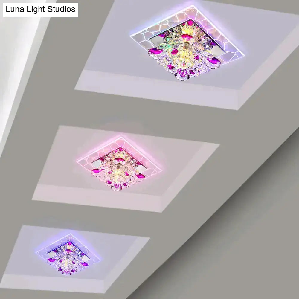 Nordic Crystal Flush Mount Light: Floral Led Purple Ceiling Fixture For Corridor