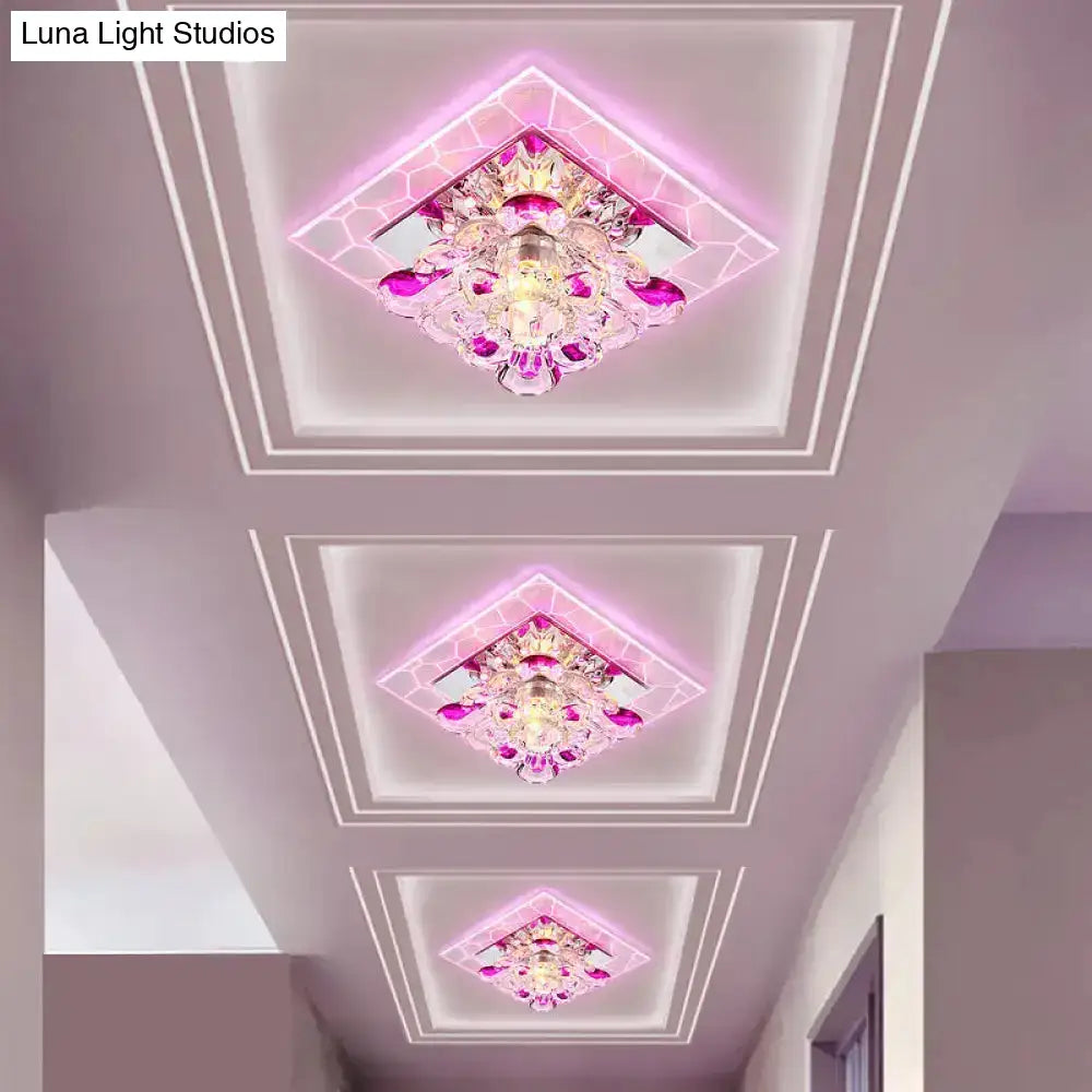 Nordic Crystal Flush Mount Light: Floral Led Purple Ceiling Fixture For Corridor