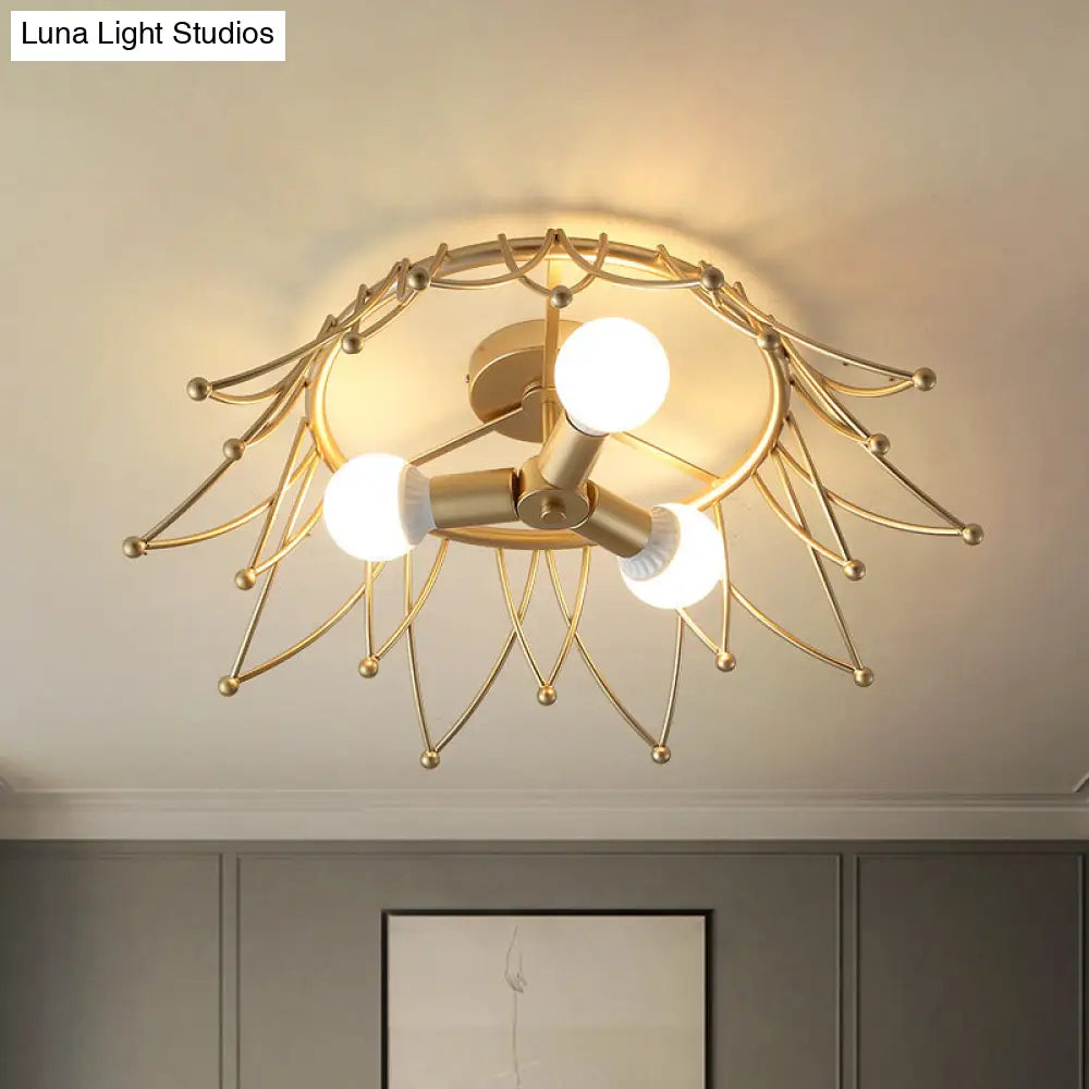 Nordic Gold Crown Shape Flush Mount Light W/ 3 Bulbs & Metal Shade